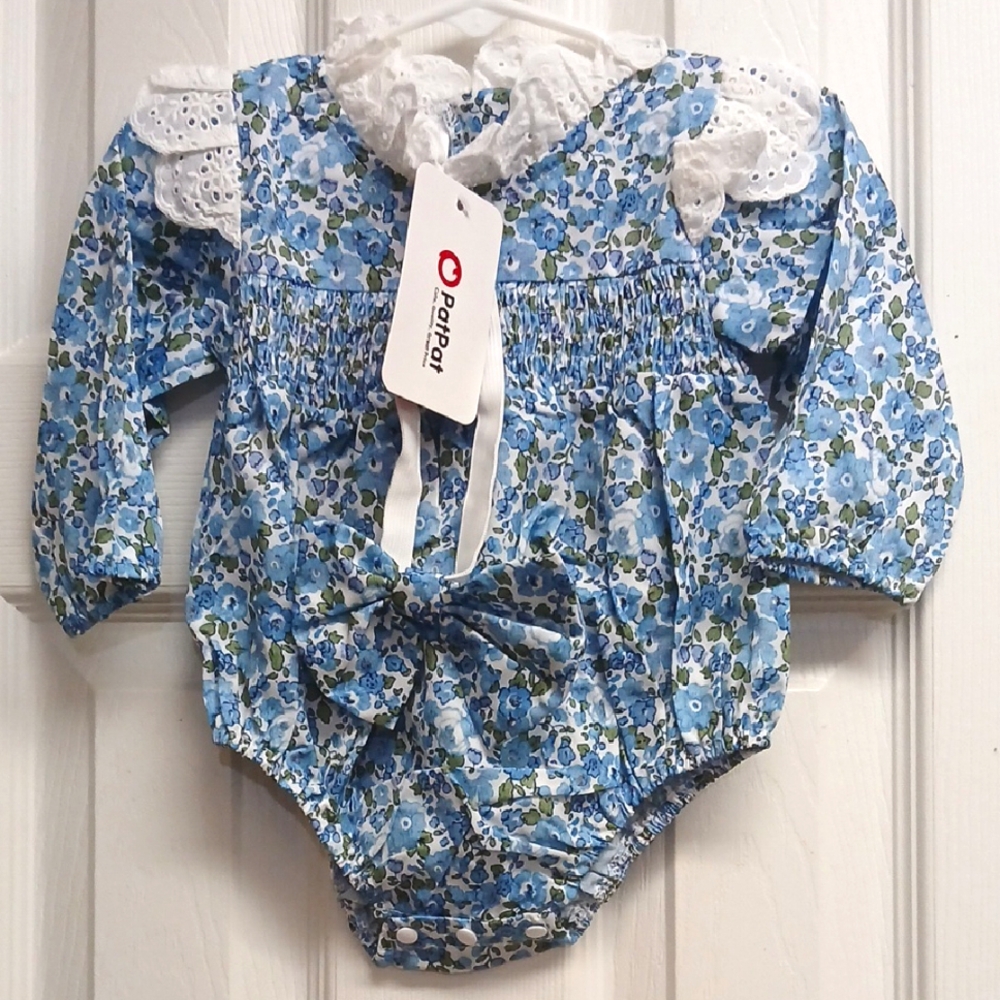 PatPat Blue and White Floral Girls Onesie And Matching Bow Headband 6-9 Months